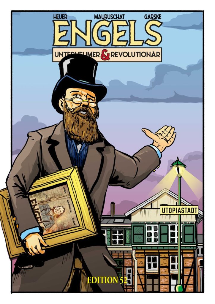 Friedrich Engels als Comicfigur vor dem Mirker Bahnhof