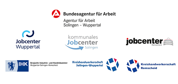Die Logos der Marktpartner im Bergischen Städtedreieck: Agentur für Arbeit Solingen-Wuppertal, Jobcenter Remscheid, Solingen und Wuppertal sowie die Kreishandwerkerschaften Remscheid und Solingen-Wuppertal