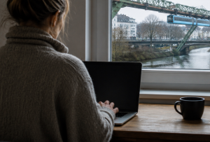 Eine Frau sitz am Tisch vor einem Fenster und chattet an einem Laptop. Draußen fährt eine Schwebebahn vorbei