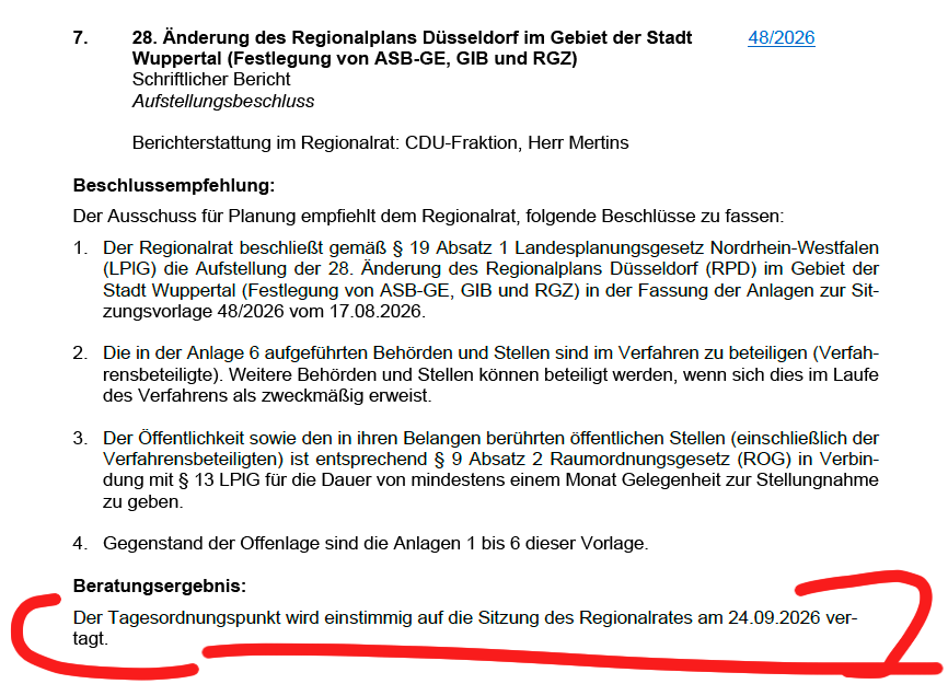 28. Änderung des Regionalplans Düsseldorf im Gebiet der Stadt Wuppertal (Festlegung von ASB-GE, GIB und RGZ)